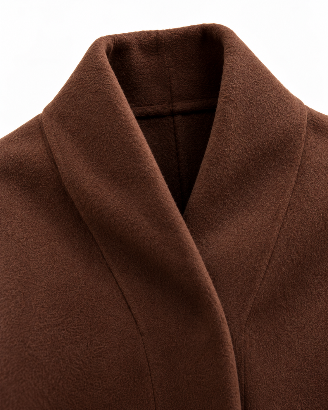 Close-up of a brown shawl collar coat or jacket, showing the soft textured fabric and folded collar detail against a plain white background.