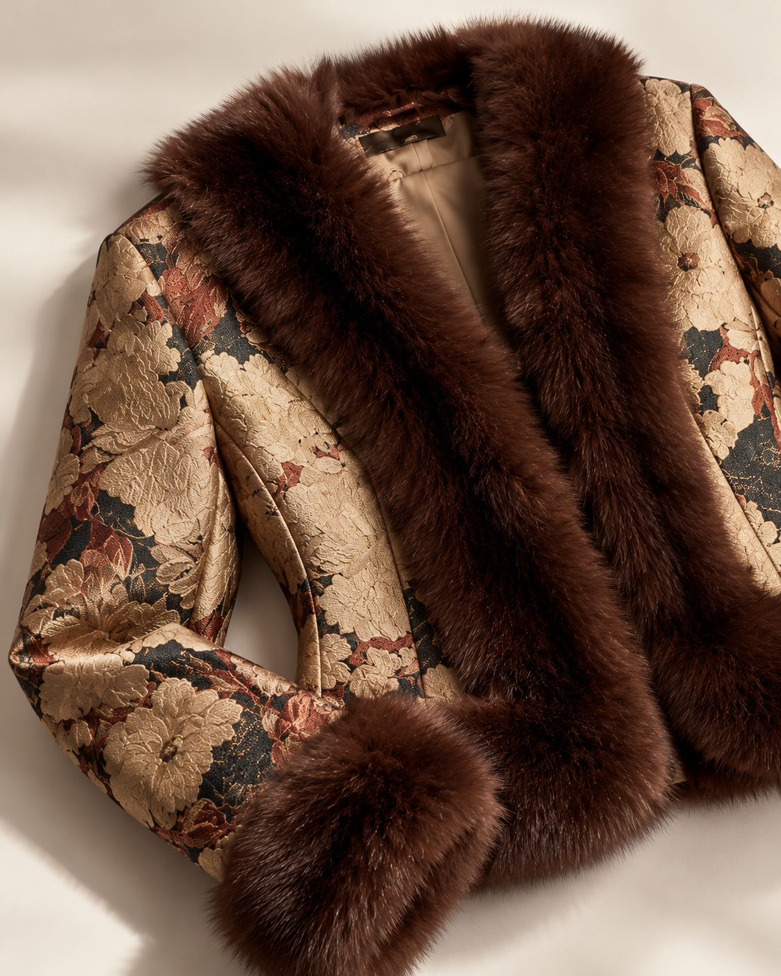 A close-up of a luxurious jacket featuring a dark brown fur collar and cuffs, paired with a beige brocade fabric decorated with floral patterns in brown, red, and black.