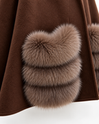 Close-up of a brown coat with a large fluffy taupe-brown fur trim detail on the front.
