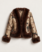 A women's open-front jacket featuring a beige and brown floral jacquard body with dark brown faux fur trim on the collar, hem, and cuffs, shown against a light gray background.