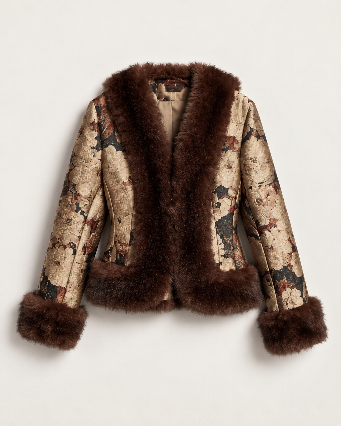 A women's open-front jacket featuring a beige and brown floral jacquard body with dark brown faux fur trim on the collar, hem, and cuffs, shown against a light gray background.