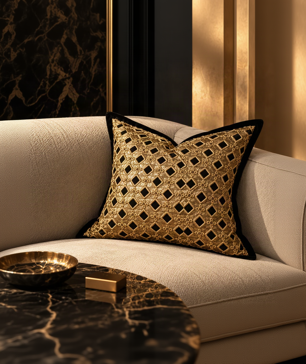 A square decorative throw pillow with a gold and black geometric pattern, resting on a beige textured sofa in a luxury interior setting.
