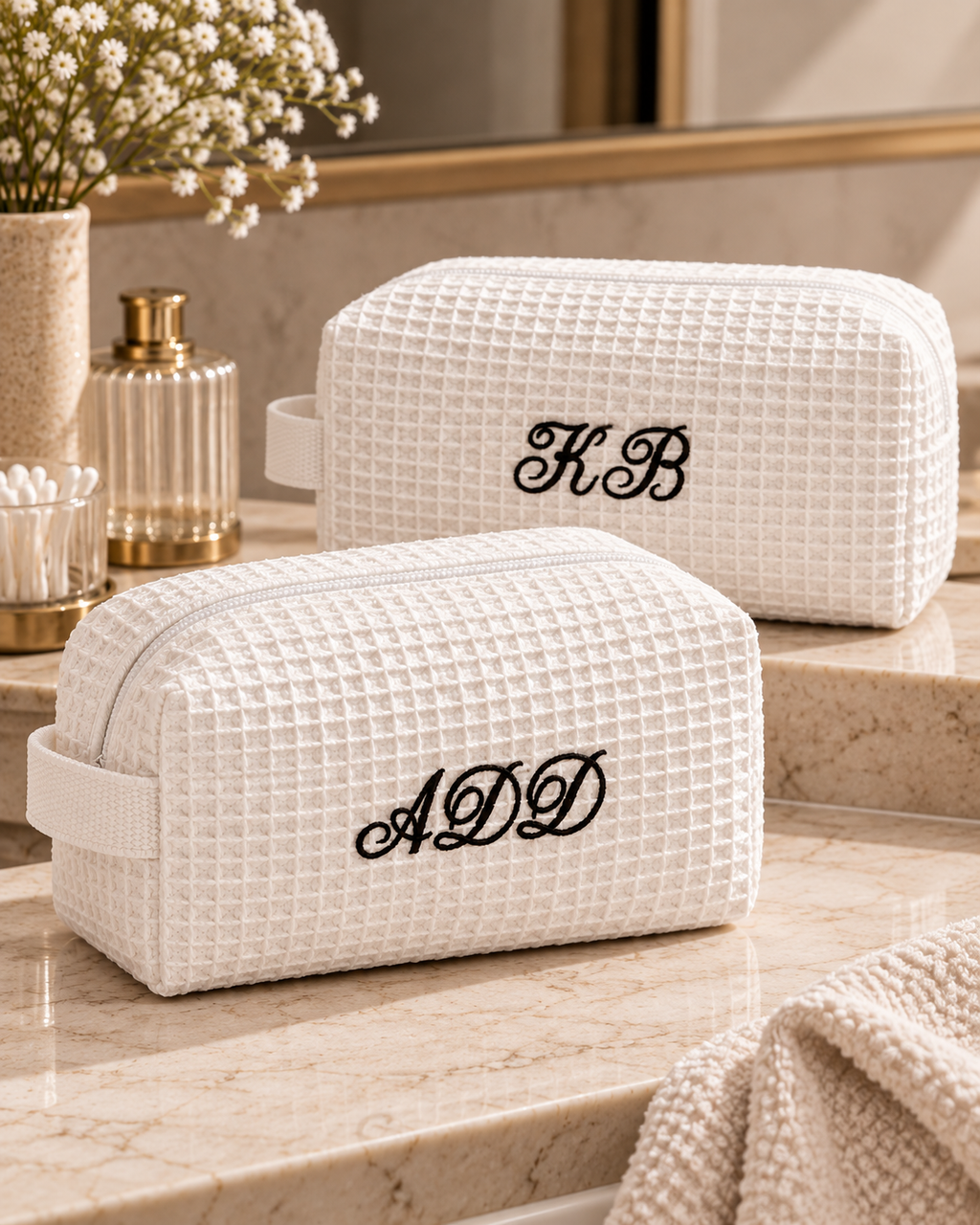 Two white waffle-weave cosmetic pouches with embroidered black monogram initials, displayed on a beige marble bathroom counter with a towel and toiletry items in the background.