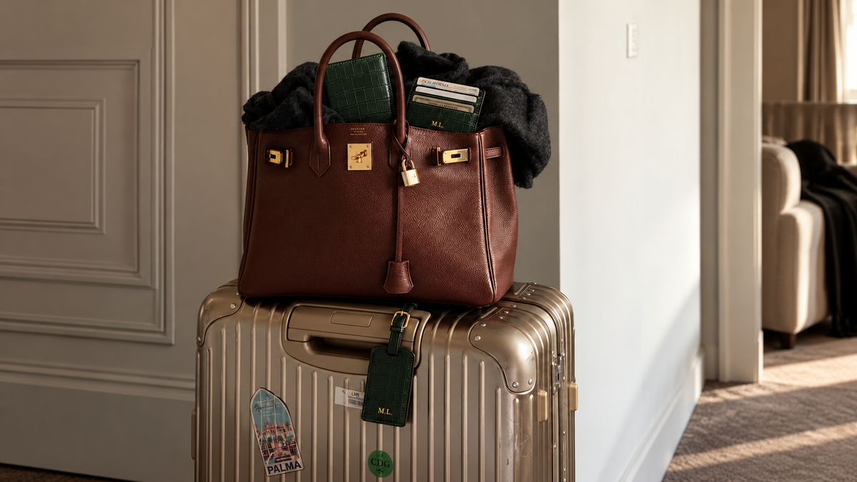 A brown leather handbag with gold hardware sits on top of a metallic silver suitcase in a hotel room. The handbag is filled with travel documents and a dark fur accessory, and the suitcase has a green luggage tag attached.