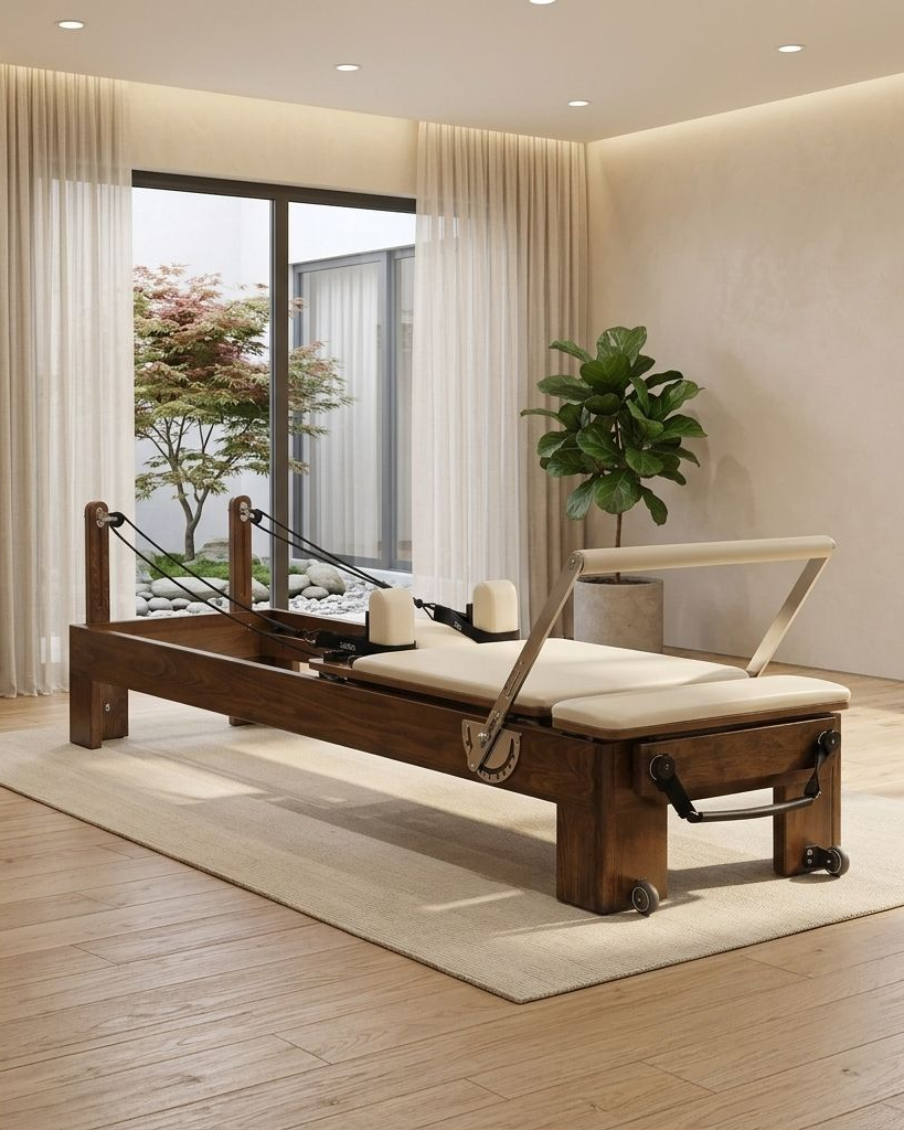 A wooden Pilates reformer machine with cream-colored padding and black springs, set on a light beige rug in a modern, sunlit room with a large window and indoor plant.