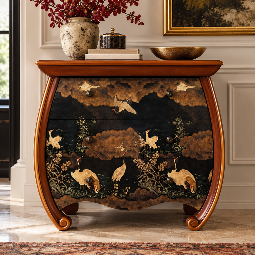 A carved wooden console table with a dark black and brown cloud-patterned lacquer front featuring painted cranes, set in an elegant room with a vase and decorative items on top.