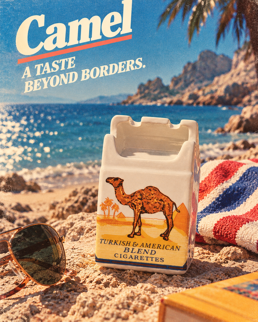 A vintage-style Camel cigarette pack designed to look like a small carton, placed on a sandy beach with sunglasses, a striped towel, and a tropical ocean backdrop. The pack shows a camel illustration and the text 'Turkish & American Blend Cigarettes'.