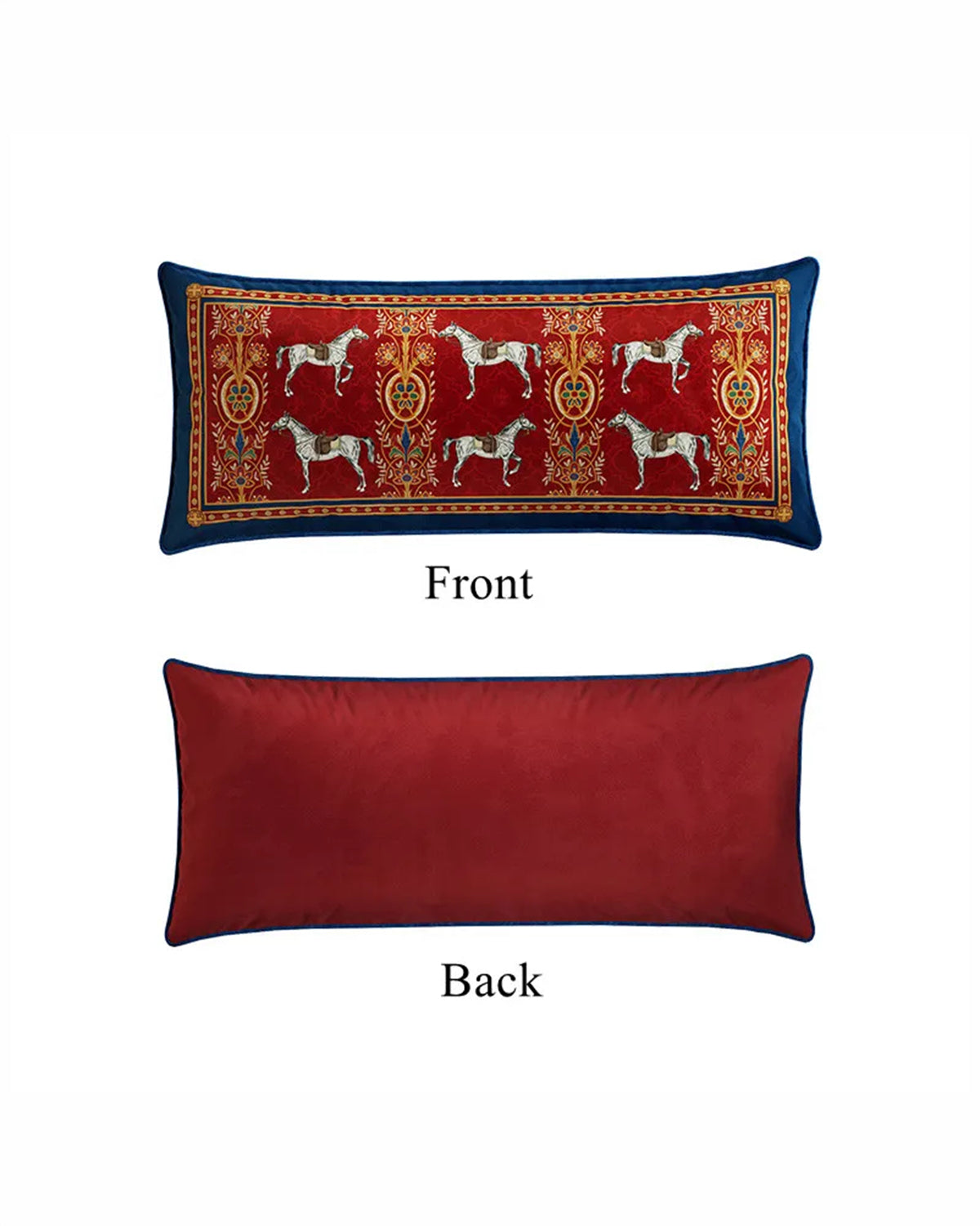A rectangular lumbar pillow shown from both front and back. The front view features a deep red center with a repeating pattern of white horses and ornate gold and blue borders, framed by a solid navy blue edge.