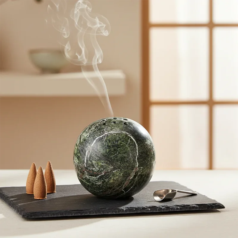 Marble incense burner with smoke on a black tray with incense cones, set against a neutral background.