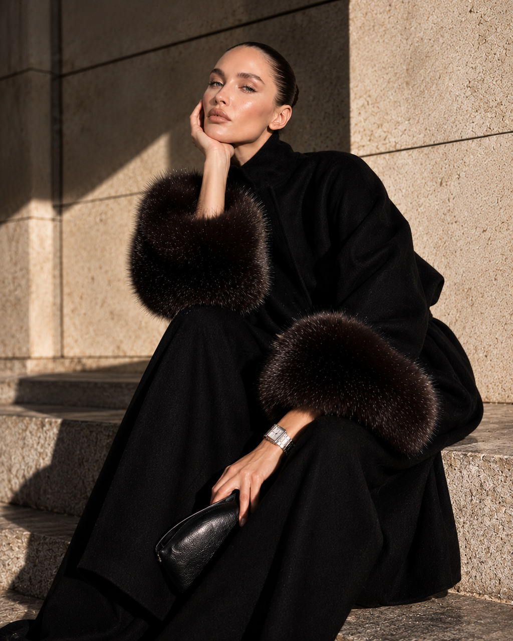 A woman sits on stone steps wearing a black coat with dramatic dark brown fur trim at the cuffs, holding a black leather clutch. The photo is taken in strong sunlight against a beige stone wall.