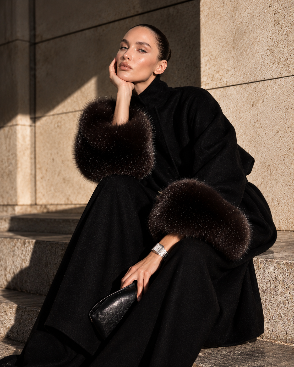 A woman sits on stone steps wearing a black coat with dramatic dark brown fur trim at the cuffs, holding a black leather clutch. The photo is taken in strong sunlight against a beige stone wall.