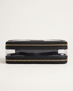 A rectangular black zippered pouch with clear plastic front panels and gold-tone zippers, shown against a plain off-white background.