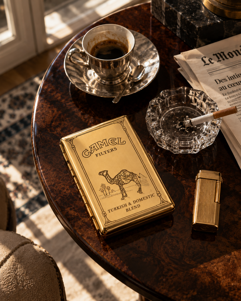 A gold Camel Filters cigarette case with an engraved camel logo sits on a dark wooden table next to a cup of coffee, a glass ashtray with a lit cigarette, and a gold lighter in a warm, sunlit interior setting.