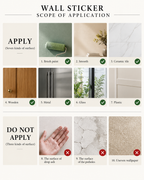 A wall sticker application guide showing a grid of surfaces it can be applied to, with photos of a paint roller on a wall, ceramic tile, wood, metal, glass, plastic, and textured wallpaper. The guide includes text reading 'WALL STICKER', 'SCOPE OF APPLICATION', 'APPLY', and 'DO NOT APPLY' with check and X marks.