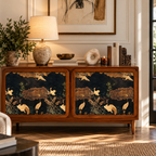 A mid-century modern wooden sideboard cabinet with two doors featuring hand-painted cranes on a dark navy background, styled in a warm, sunlit room.