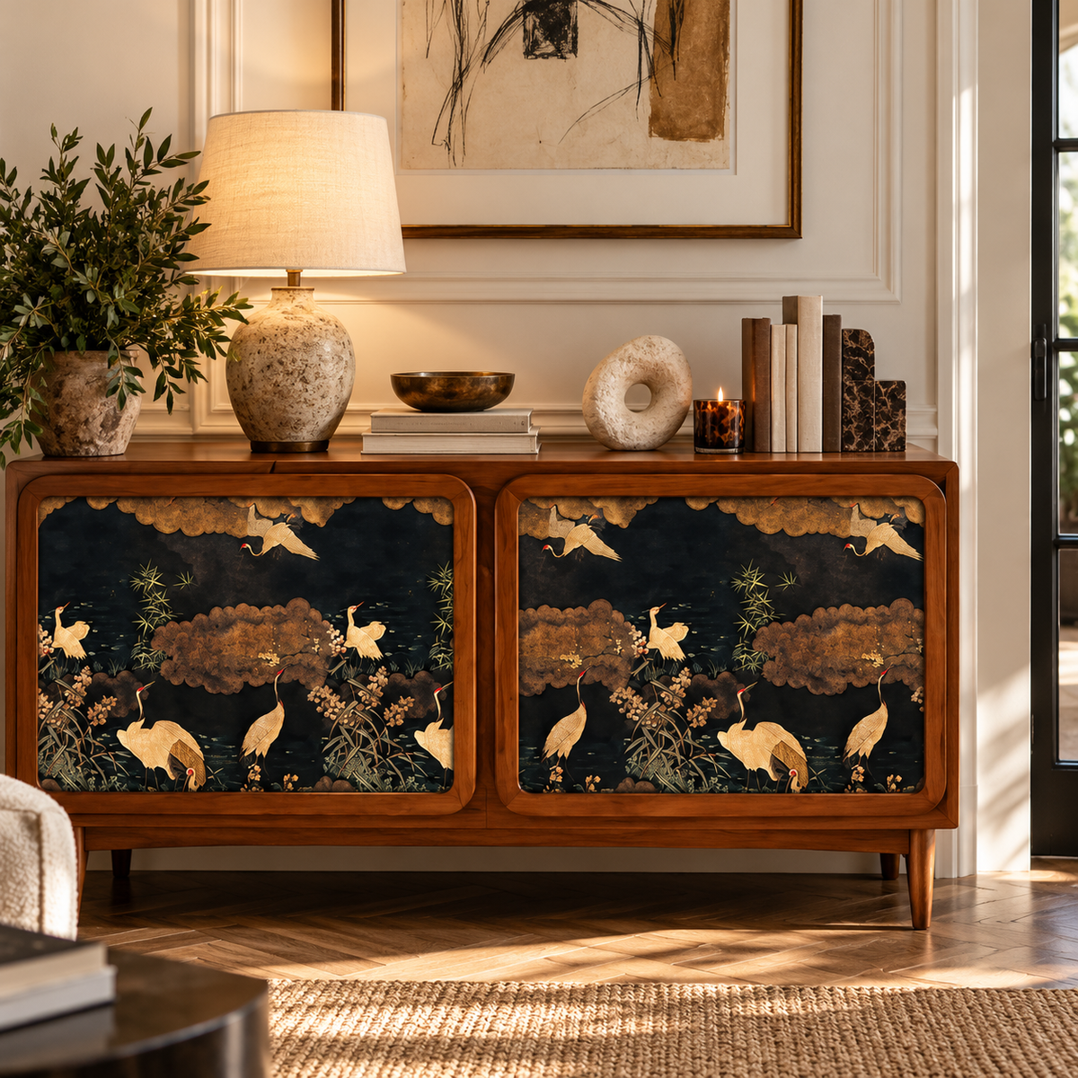 A mid-century modern wooden sideboard cabinet with two doors featuring hand-painted cranes on a dark navy background, styled in a warm, sunlit room.