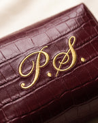 Close up of the embroidered initials on the Mayfair Pouch