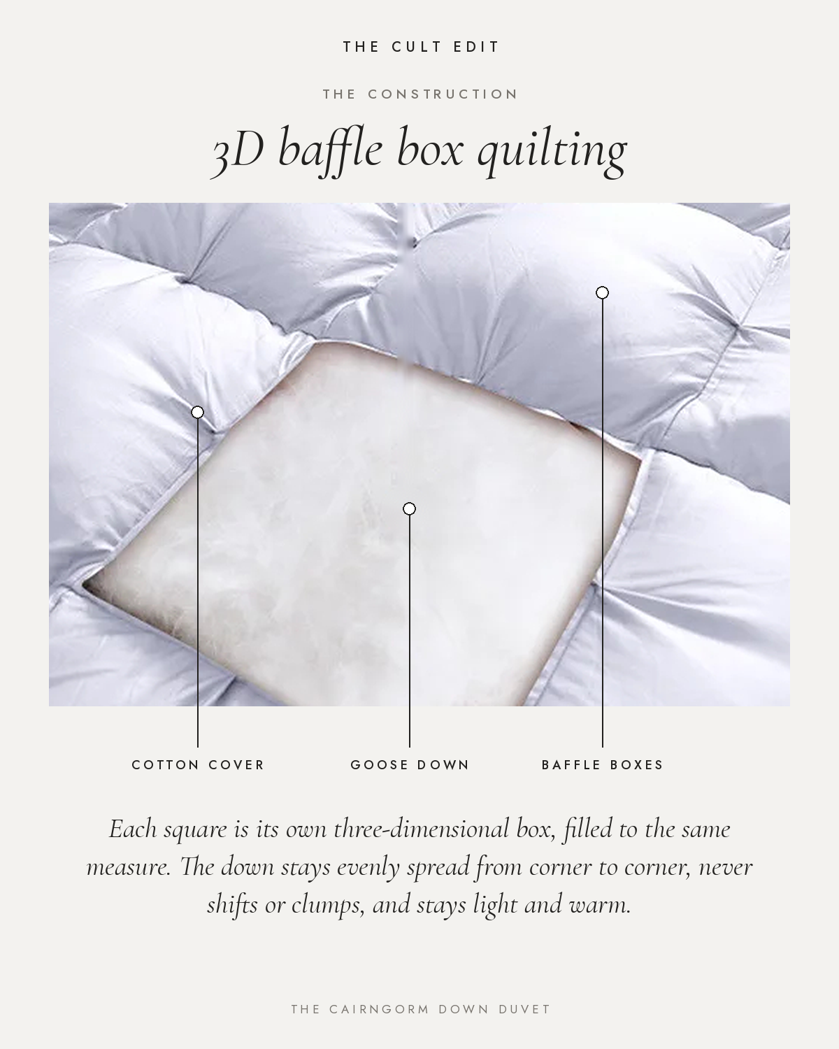 The Cairngorm Down Duvet 3D baffle box construction with cotton cover and goose down filling
