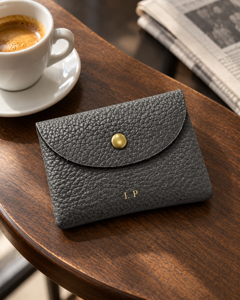 The Mayfair Card Purse in dark grey on a cafe table