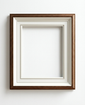 A square picture frame with a dark brown wooden outer border and a white inner mat, shown empty against a plain white wall.