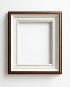A square picture frame with a dark brown wooden outer border and a white inner mat, shown empty against a plain white wall.