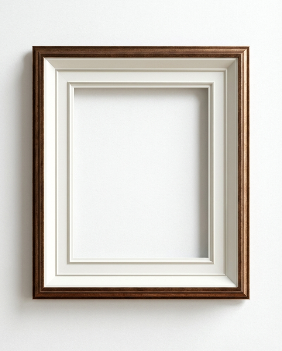 A square picture frame with a dark brown wooden outer border and a white inner mat, shown empty against a plain white wall.
