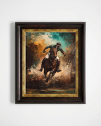 Framed wall art featuring an expressive painting of a horse race jockey on a horse, shown hanging against a plain light gray wall. The artwork has a dark brown frame with a gold inner border and a painterly scene in warm browns, teal-blue, orange, and cream tones.