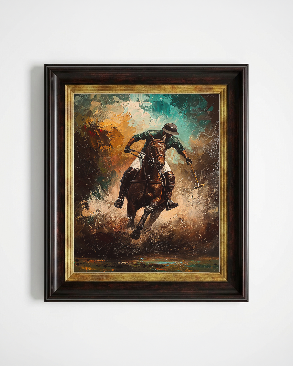 Framed wall art featuring an expressive painting of a horse race jockey on a horse, shown hanging against a plain light gray wall. The artwork has a dark brown frame with a gold inner border and a painterly scene in warm browns, teal-blue, orange, and cream tones.