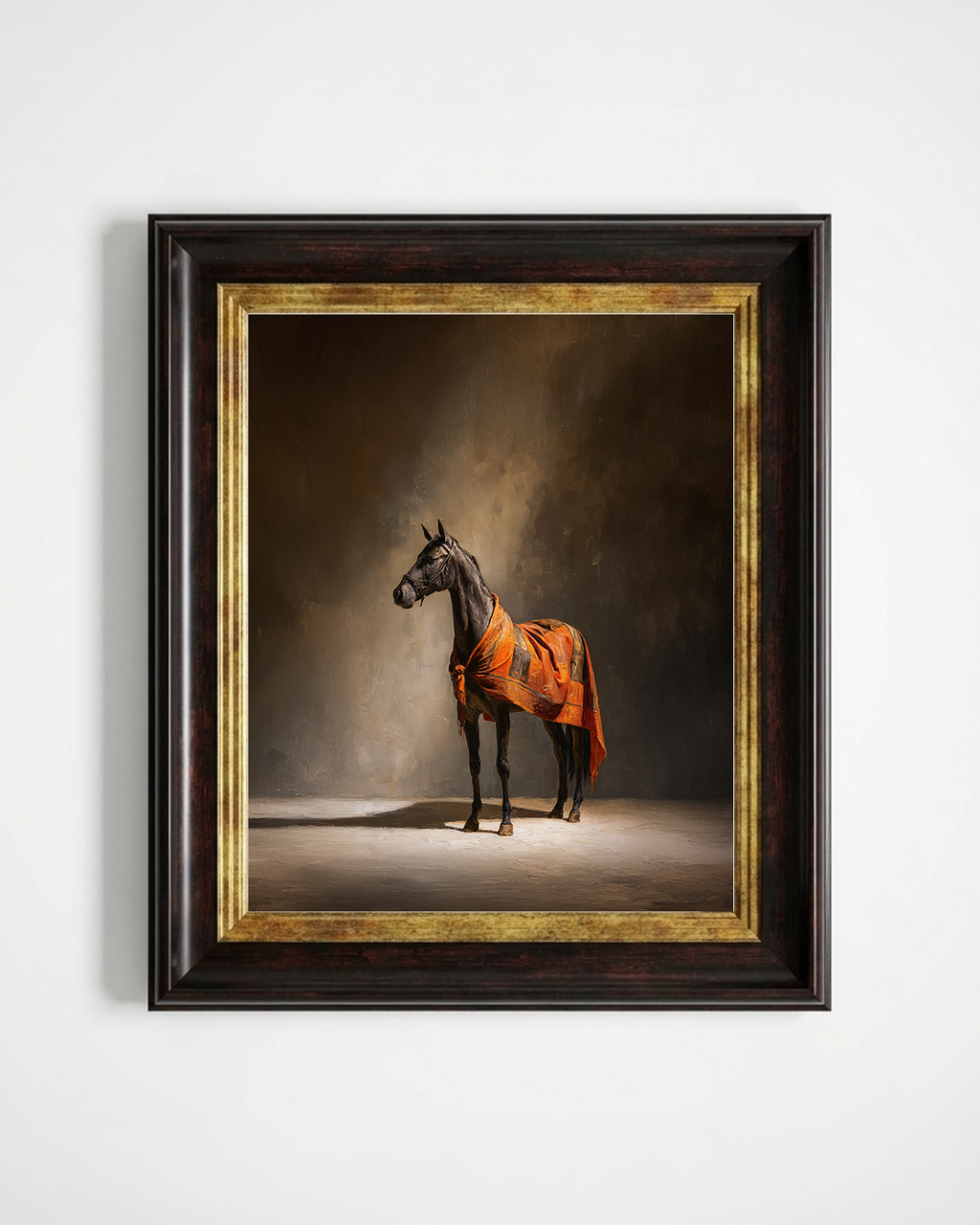 A framed art print depicting a dark horse wearing an orange blanket, set against a dark brown studio background. The print is housed in a dark brown wooden frame with a gold inner border, mounted on a plain white wall.