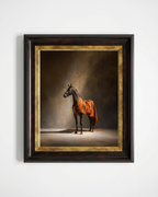 A framed art print depicting a dark horse wearing an orange blanket, set against a dark brown studio background. The print is housed in a dark brown wooden frame with a gold inner border, mounted on a plain white wall.
