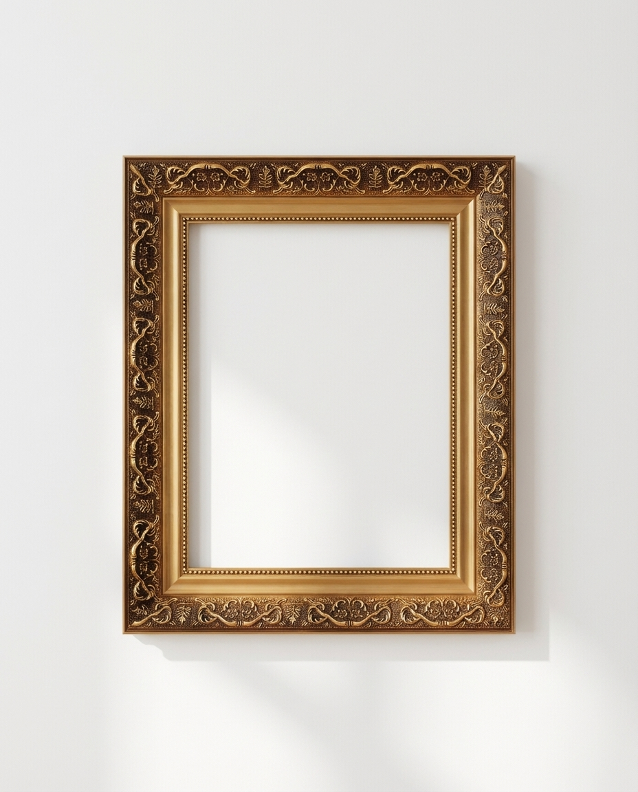 An ornate rectangular picture frame with a detailed carved floral and scroll pattern in antique gold and bronze tones, shown hanging on a clean white wall.