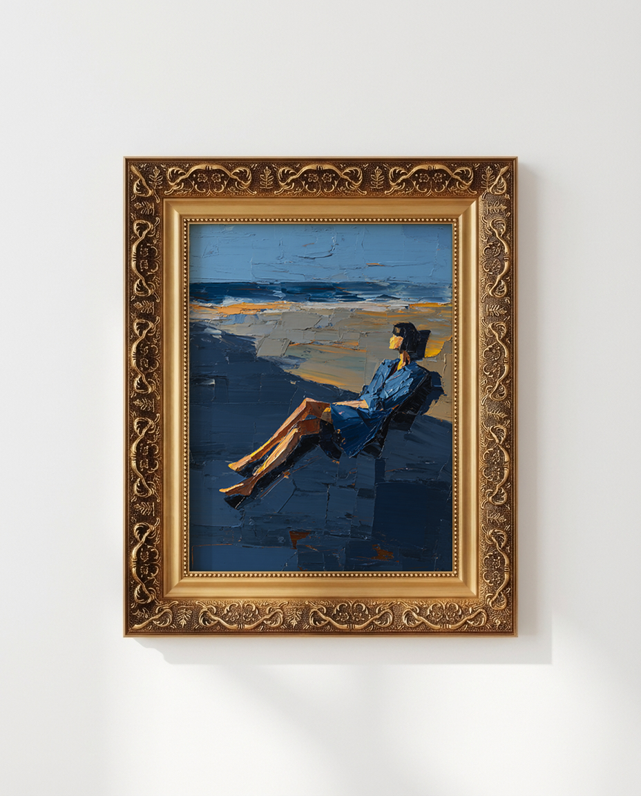 A framed painting on a white wall, featuring an ornate gold frame. The painting depicts a woman in a blue dress sitting on a beach chair by the ocean, with blue, gray, and beige tones.