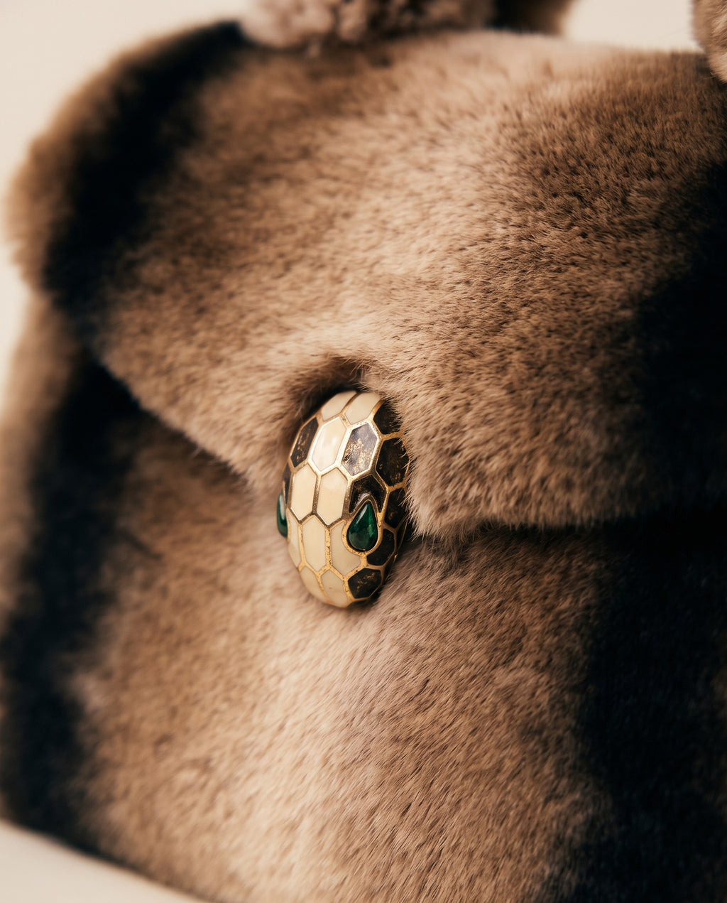 Close up of the rex rabbit fur and gold clasp