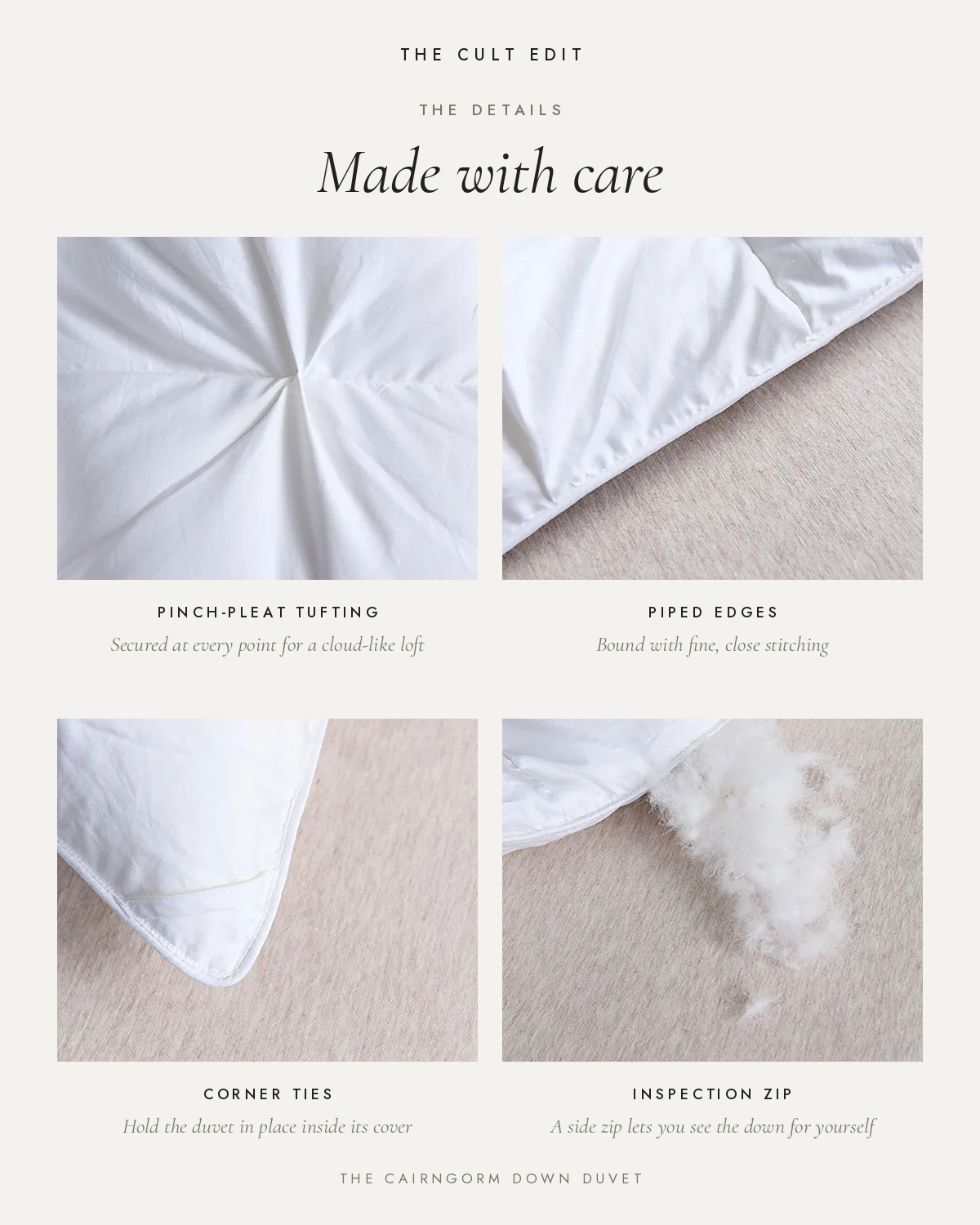 The Cairngorm Down Duvet details: pinch-pleat tufting, piped edges, corner ties and inspection zip