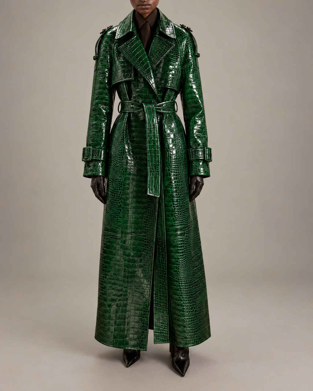 Model wearing The Riviera Leather Trench in green croc embossed leather, belted at the waist