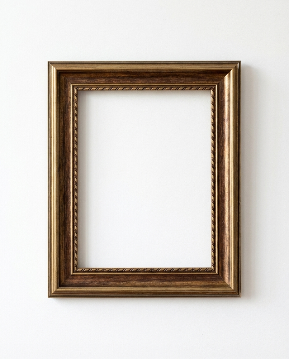 An empty rectangular picture frame with an ornate rope-like inner border and a distressed bronze-brown finish, mounted on a plain white wall.