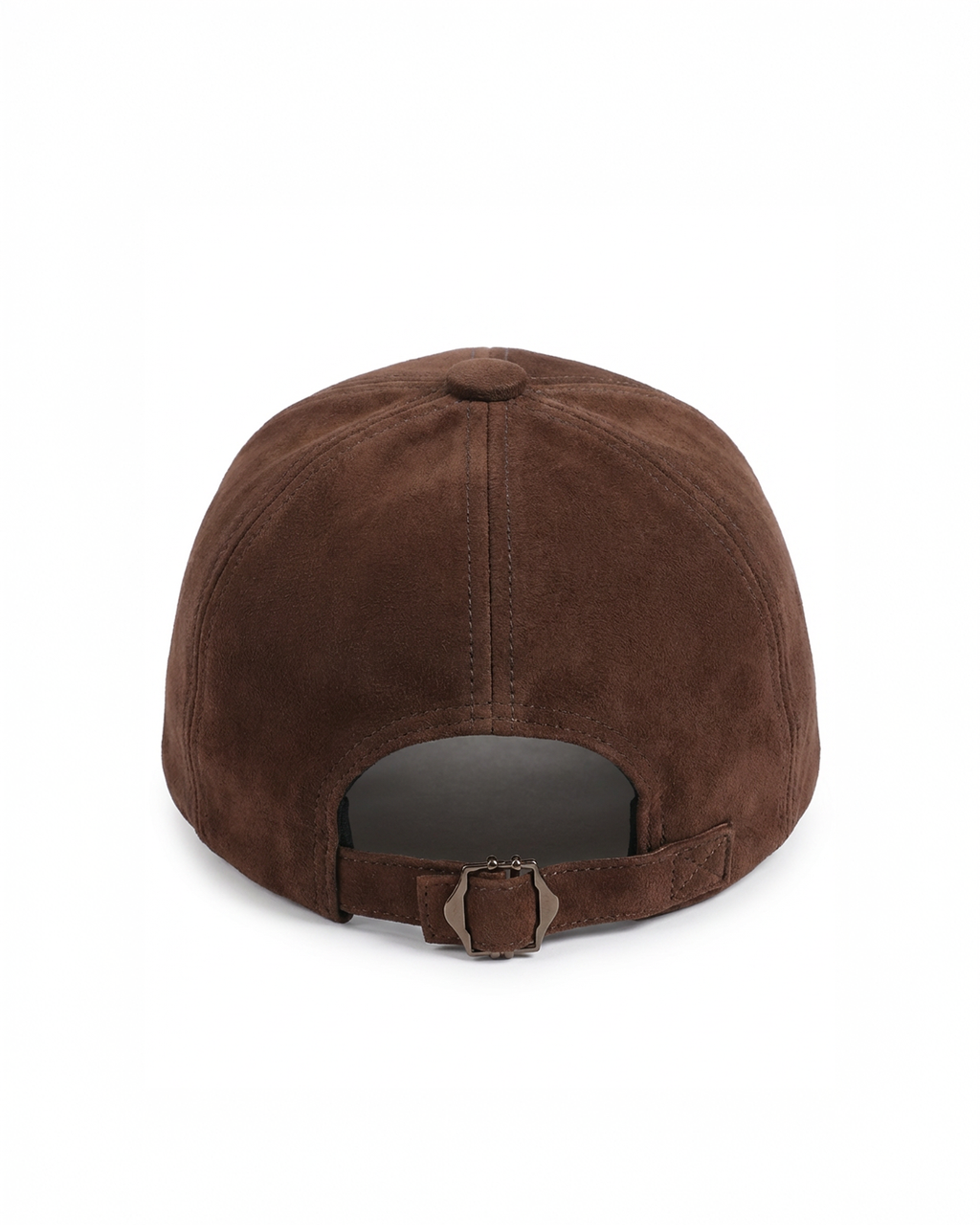 A brown suede baseball cap shown from the back, featuring a curved back strap with a metal snap closure, set against a plain white background.
