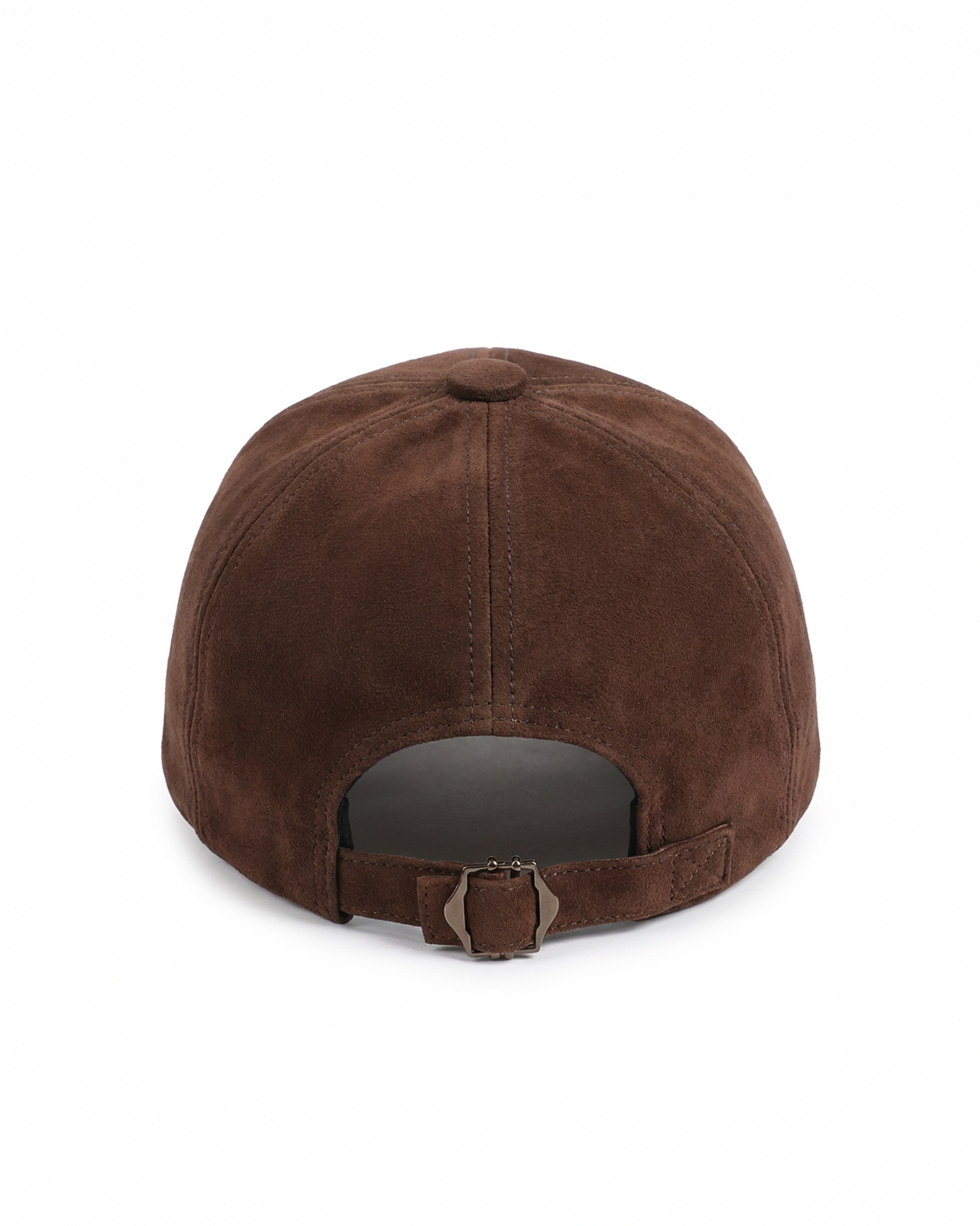 A brown suede baseball cap shown from the back, featuring a curved back strap with a metal snap closure, set against a plain white background.