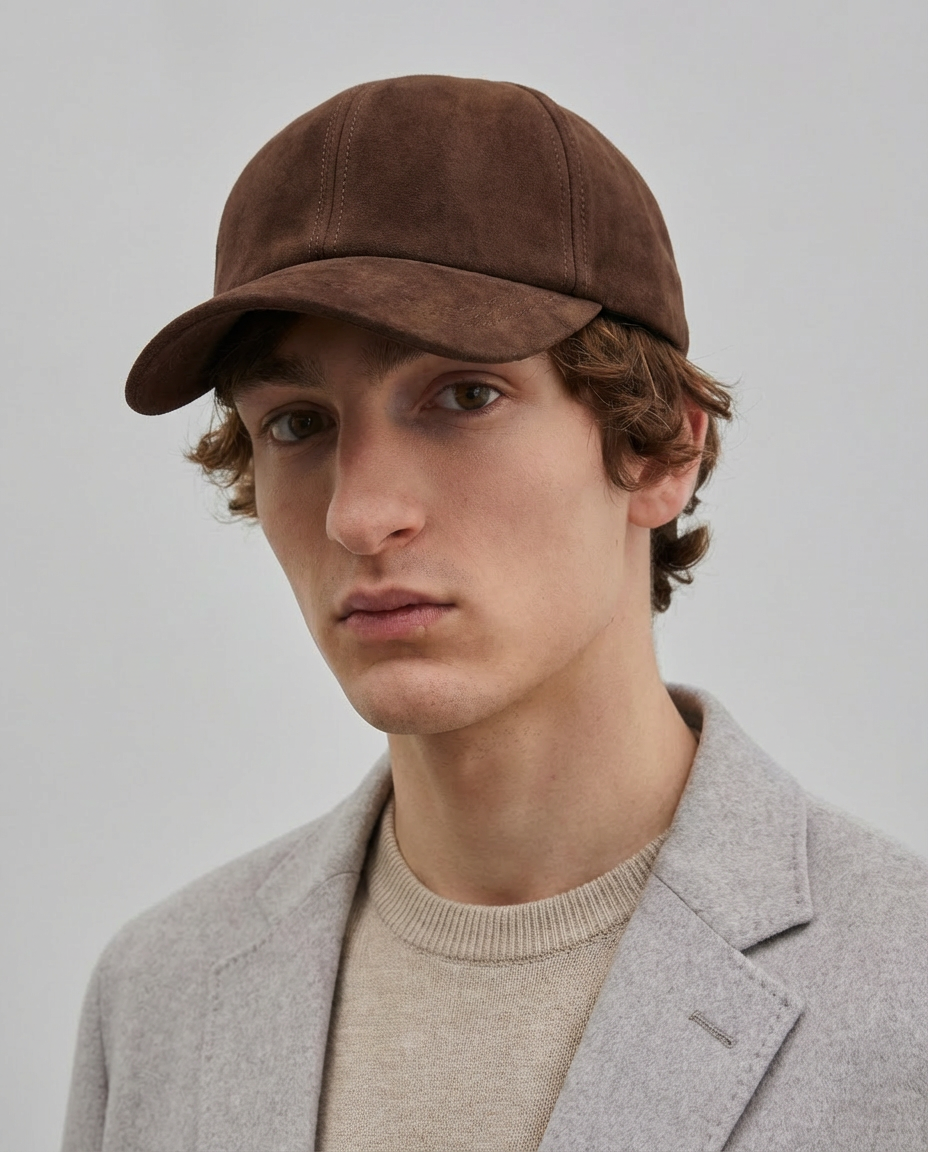 A close-up of a man wearing a brown suede baseball cap, a light gray blazer, and a beige knit sweater against a plain light gray background.