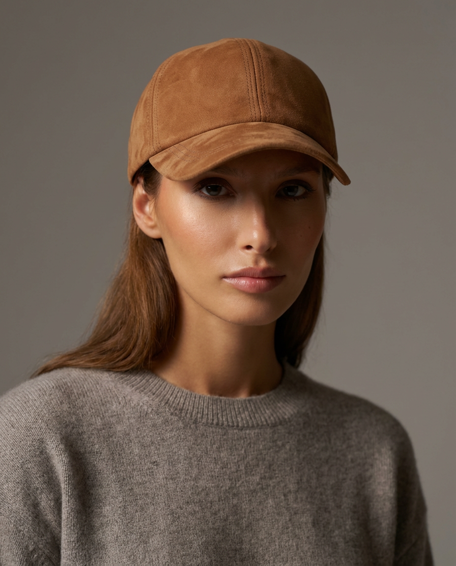A woman wearing a tan suede baseball cap and a gray knit sweater, photographed against a plain warm gray studio background.