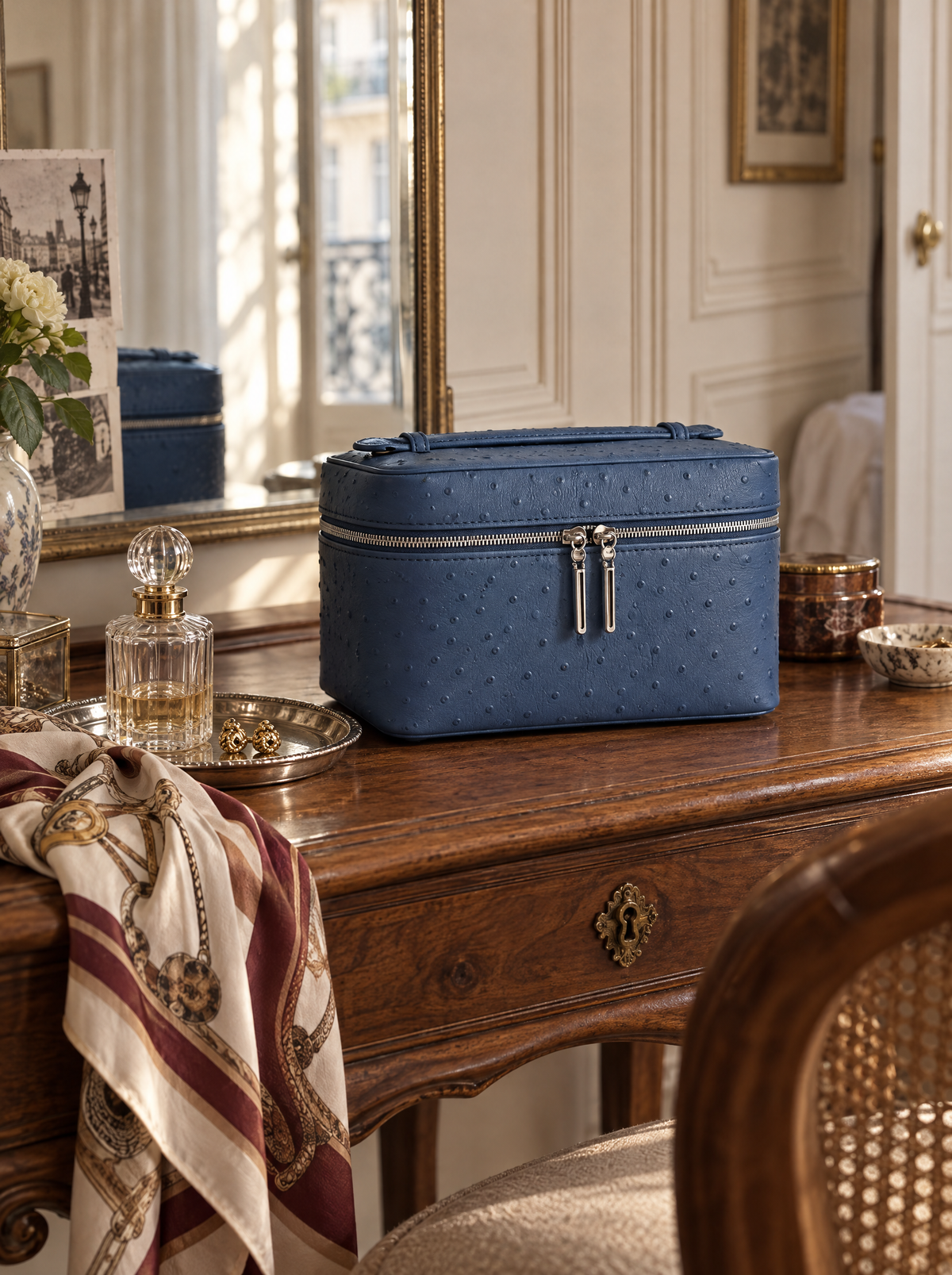 A blue ostrich-textured leather cosmetic case with silver hardware sits on a polished wooden vanity table in a classic, elegant room.