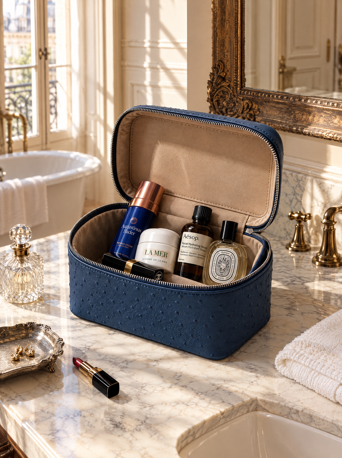 A navy blue textured cosmetic bag with an ostrich-embossed exterior and beige interior, shown open on a marble bathroom counter with toiletries inside. Visible brands on the products include La Mer, Dior, and Diptyque.