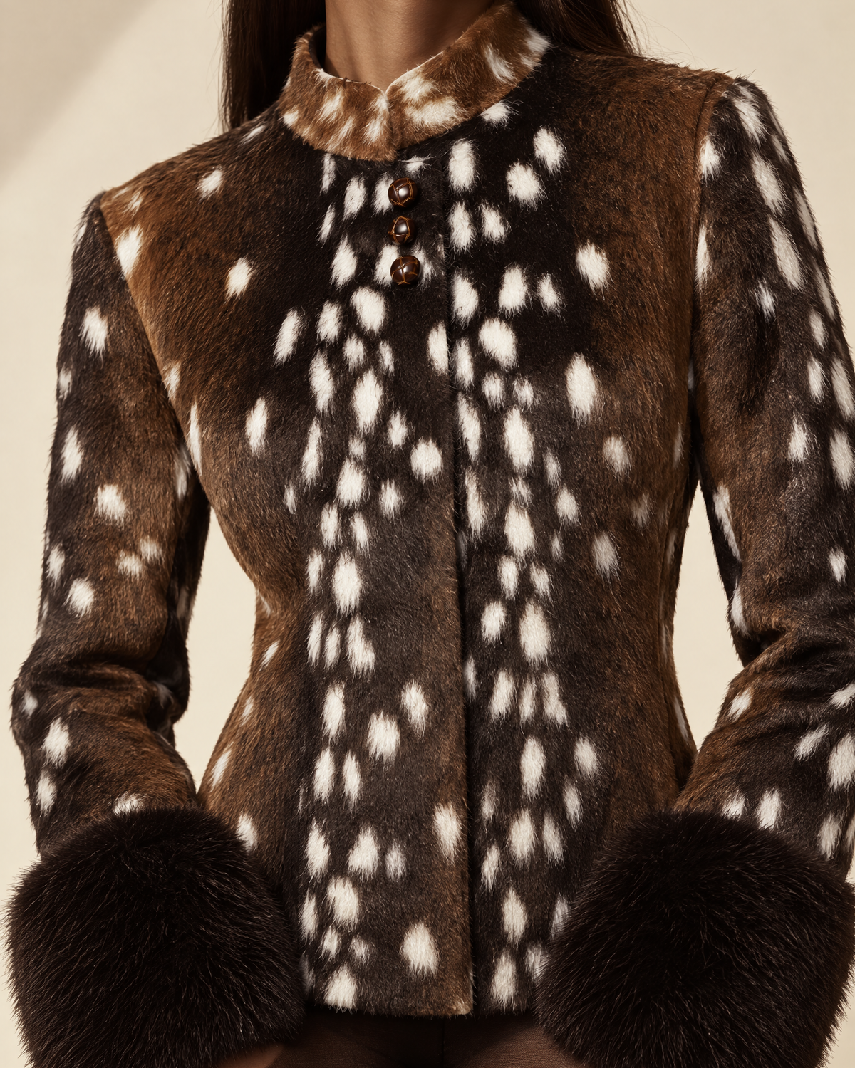 A close-up of a woman wearing a brown faux fur jacket with a white spotted deer print, featuring a mock neck, three brown buttons, and dark brown faux fur cuffs.