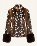 A long-sleeve faux fur jacket with a brown and white spotted deer-print pattern, featuring a mock neck and dark brown faux fur cuffs, shown against a plain off-white background.