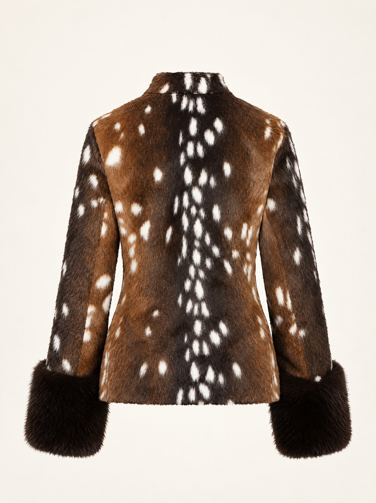 A brown faux fur jacket with a white spotted deer print on the back and collar, featuring dark brown faux fur cuffs, shown against a plain off-white background.