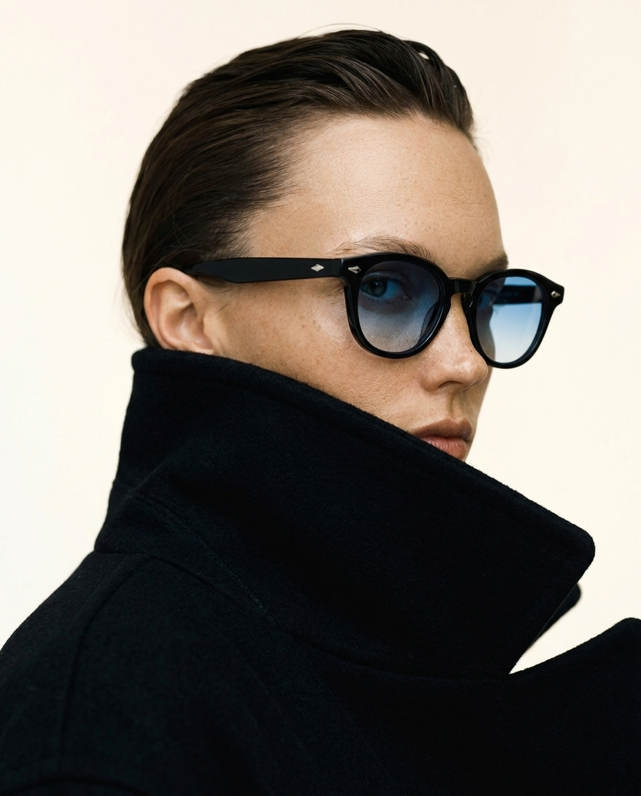 A close-up of a model wearing black cat-eye sunglasses with blue mirrored lenses and a high-collared black coat against a plain off-white background.