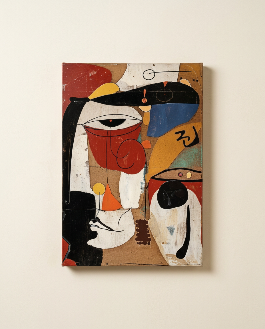 An abstract cubist-style painting on canvas, featuring stylized faces and geometric shapes in black, white, red, blue, yellow, and brown tones, displayed against a warm off-white wall.