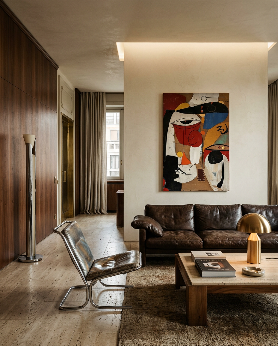 A modern living room interior featuring a large, colorful abstract canvas painting on a cream wall above a dark brown leather sofa. The room has warm wood paneling on one side, a chrome lounge chair, a wooden coffee table, and a textured rug.