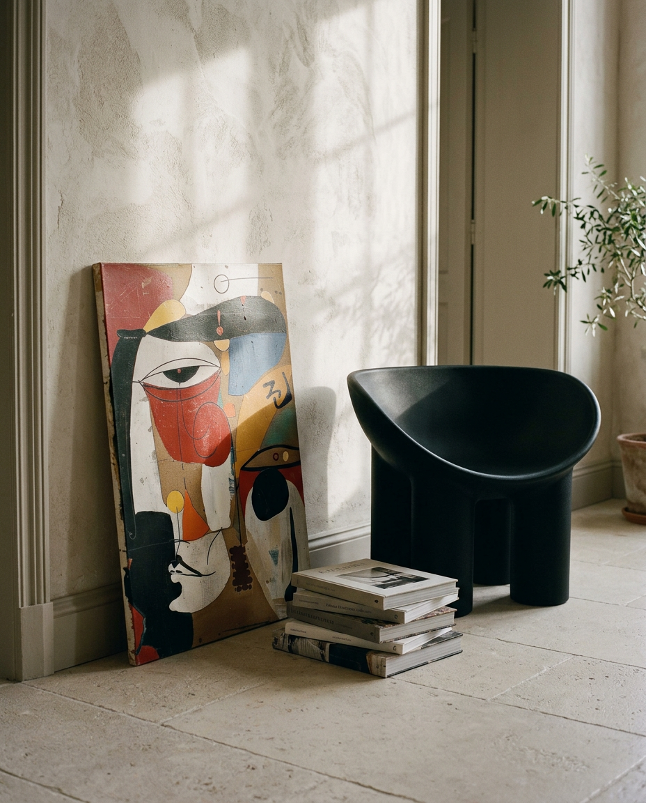 An abstract art print leaning against a textured beige wall in a sunlit room, next to a black molded chair and a stack of books.