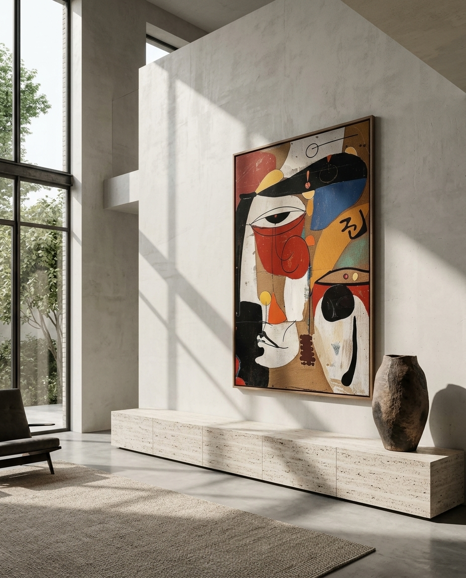 A framed abstract painting with bold geometric shapes in red, black, white, blue, and yellow hangs on a textured white wall in a modern minimalist room with a stone bench and a dark vase.